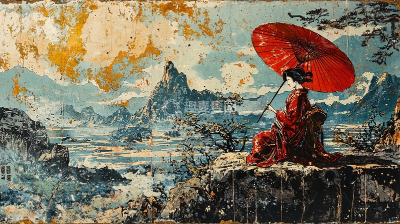 高清大图下载【趣麦麦图】红衣女子撑红伞山水画