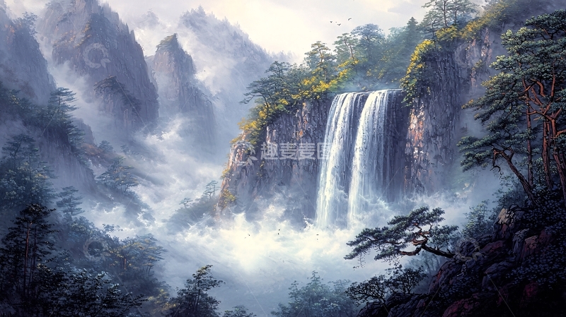 高清大图下载【趣麦麦图】仙境般瀑布山峰云雾缭绕