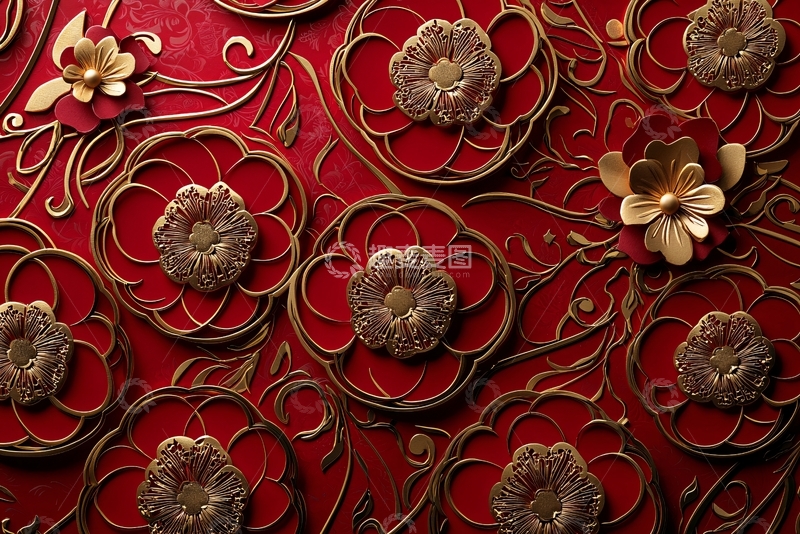 高清大图下载【趣麦麦图】红色金色花纹装饰图案