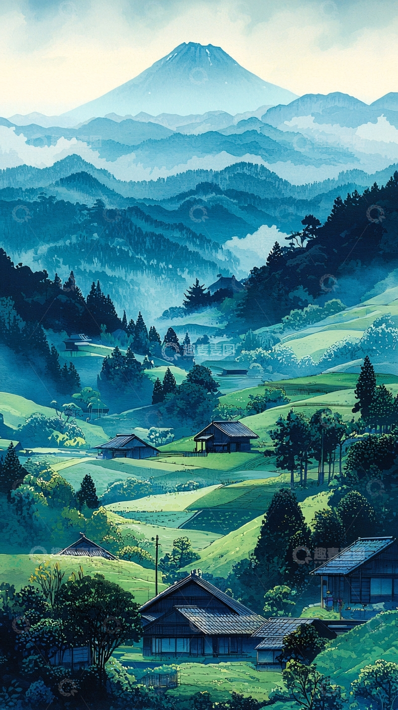 高清大图下载【趣麦麦图】富士山远景田园乡村景色