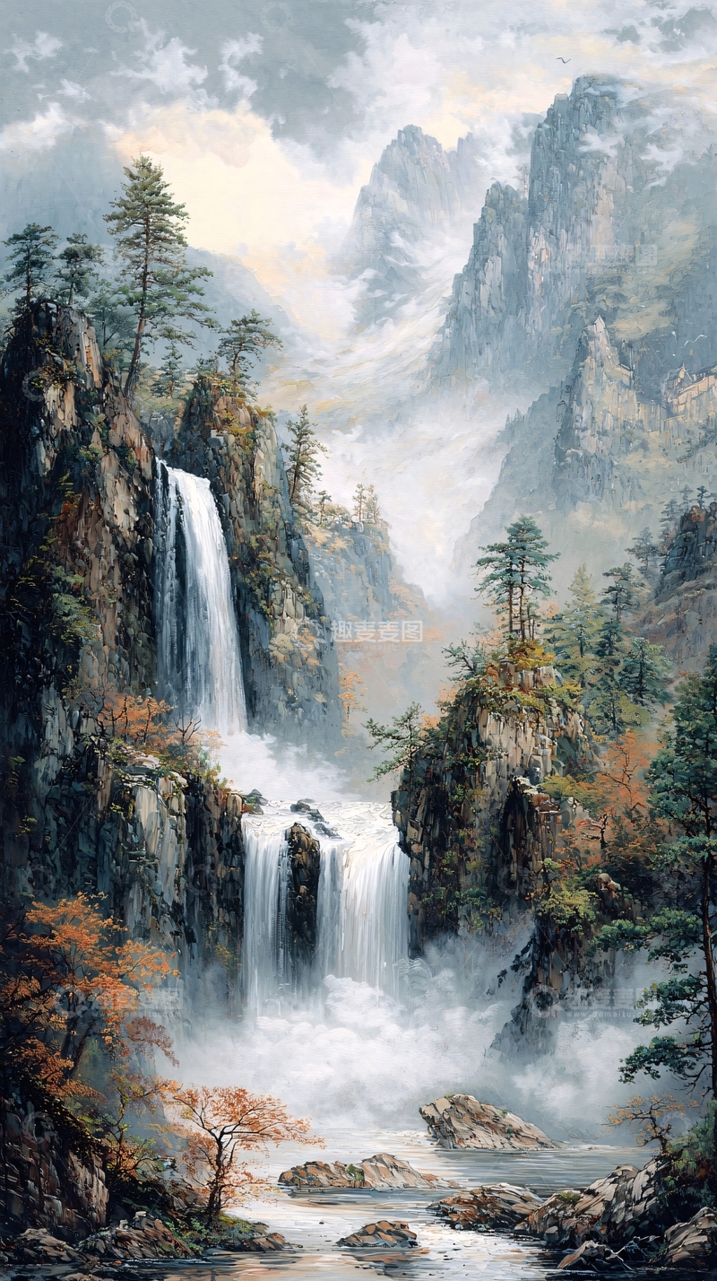 高清大图下载【趣麦麦图】山间瀑布风景画
