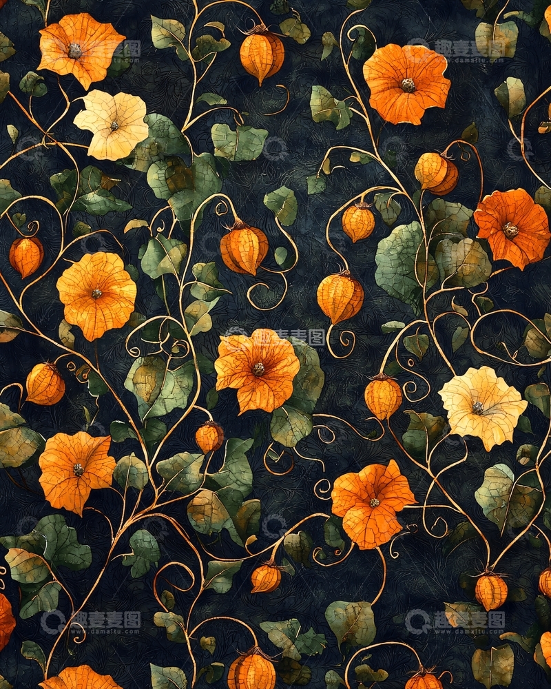 高清大图下载【趣麦麦图】暗色背景的橘色花卉图案