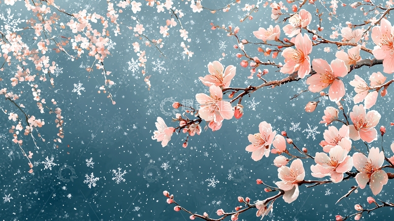 高清大图下载【趣麦麦图】冬日粉红色梅花与雪花