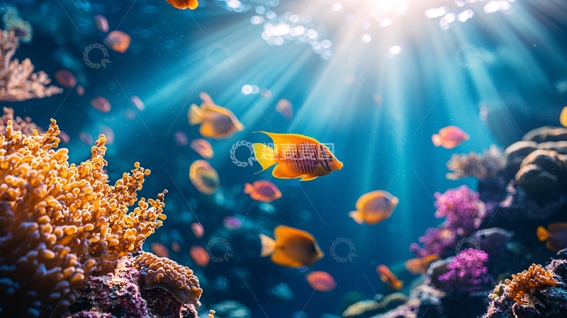 高清大图下载【趣麦麦图】阳光透过海水照射珊瑚礁