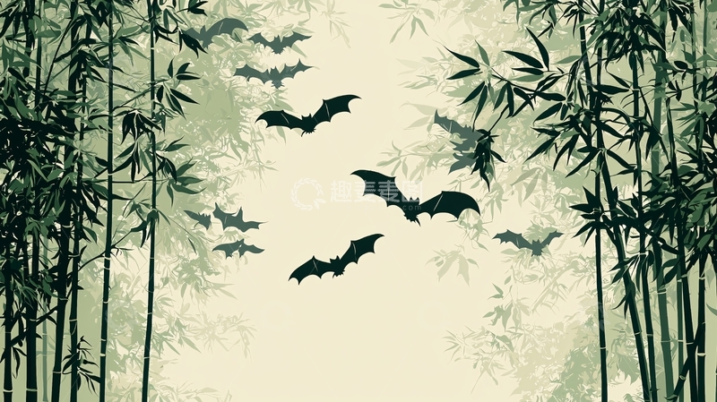 高清大图下载【趣麦麦图】水墨竹林蝙蝠