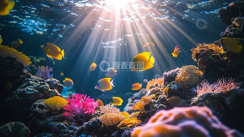 高清大图下载【趣麦麦图】阳光透过海水照射珊瑚礁