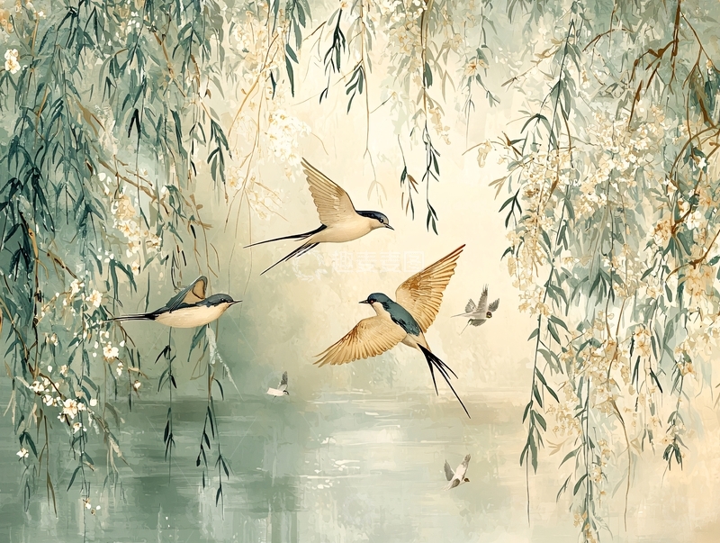 高清大图下载【趣麦麦图】轻柔的柳枝下飞翔的燕子