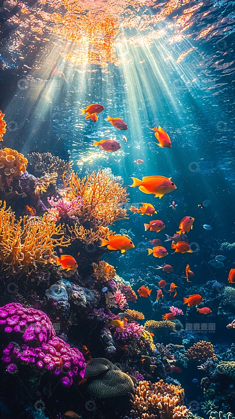 高清大图下载【趣麦麦图】阳光透过海水照射珊瑚礁