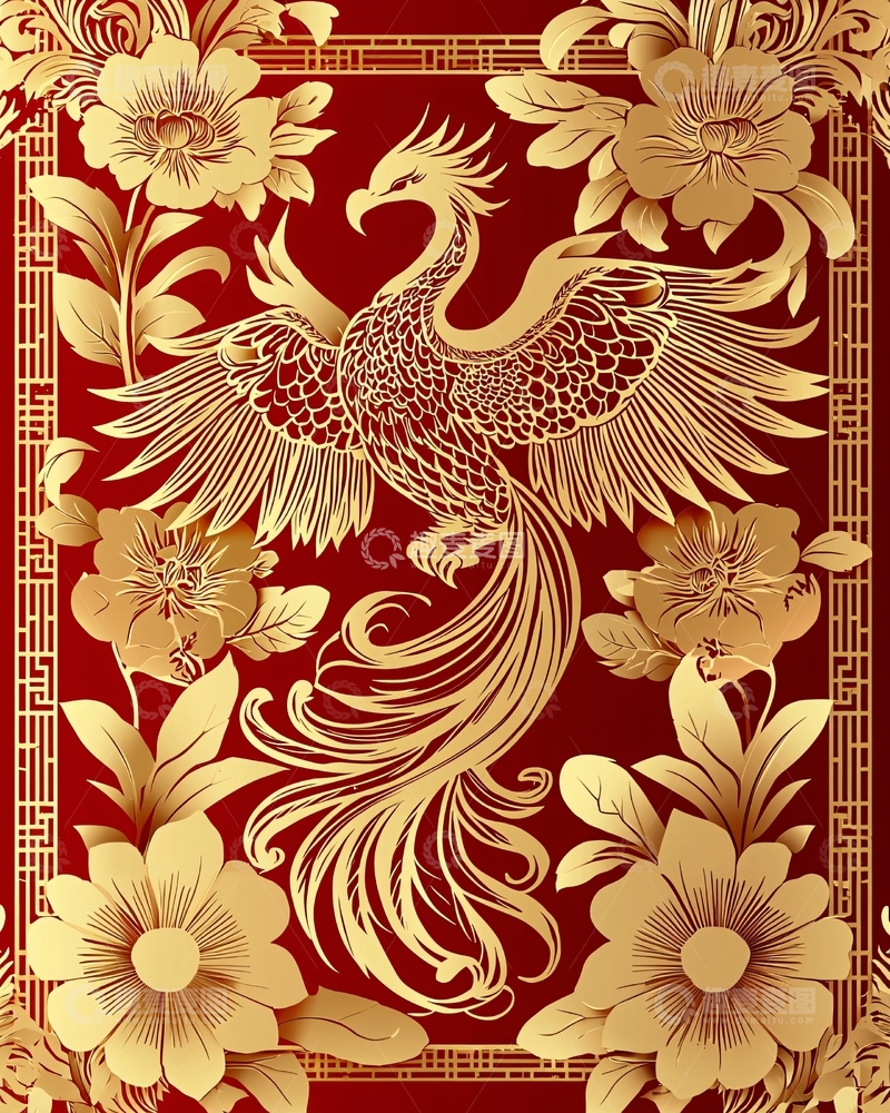 高清大图下载【趣麦麦图】金色凤凰与花卉的图案背景