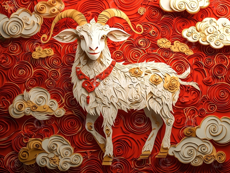 高清大图下载【趣麦麦图】红色背景纸雕山羊