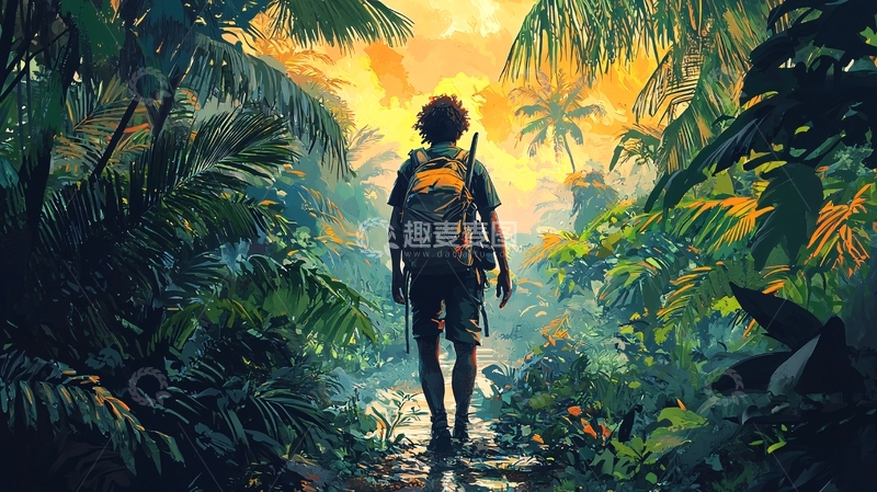 高清大图下载【趣麦麦图】热带雨林探险者背影