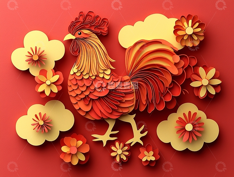 高清大图下载【趣麦麦图】红色剪纸公鸡