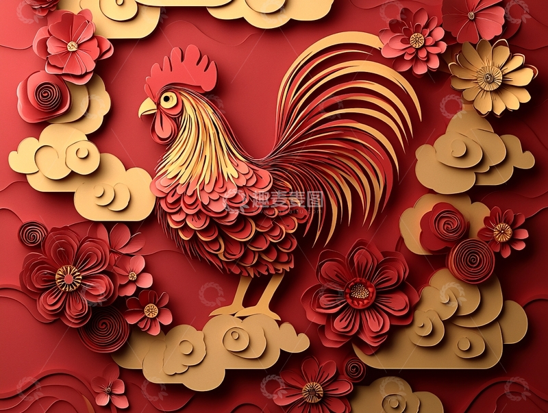 高清大图下载【趣麦麦图】红金色剪纸公鸡