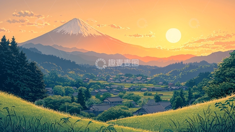 高清大图下载【趣麦麦图】富士山日落乡村风景