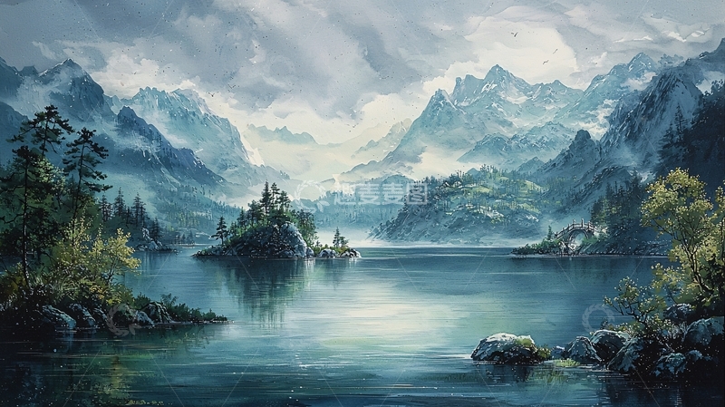 高清大图下载【趣麦麦图】雪山湖泊风景画