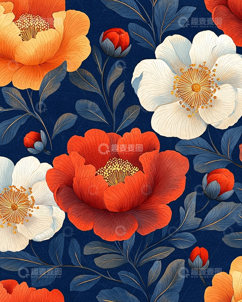 高清大图下载【趣麦麦图】暗蓝色背景花卉图案