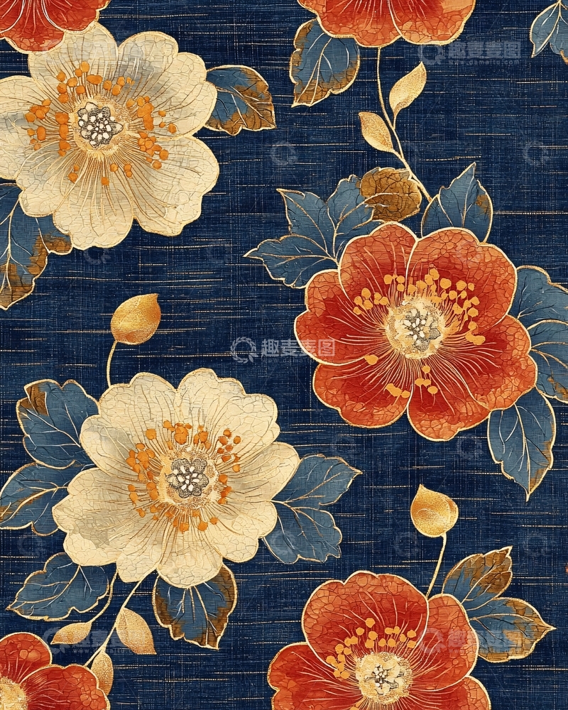 高清大图下载【趣麦麦图】-深蓝色底印花花卉图案
