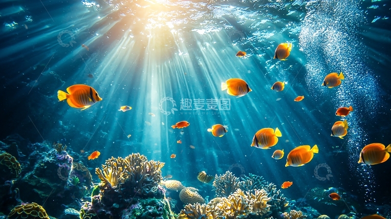 高清大图下载【趣麦麦图】阳光透过海水照射珊瑚礁