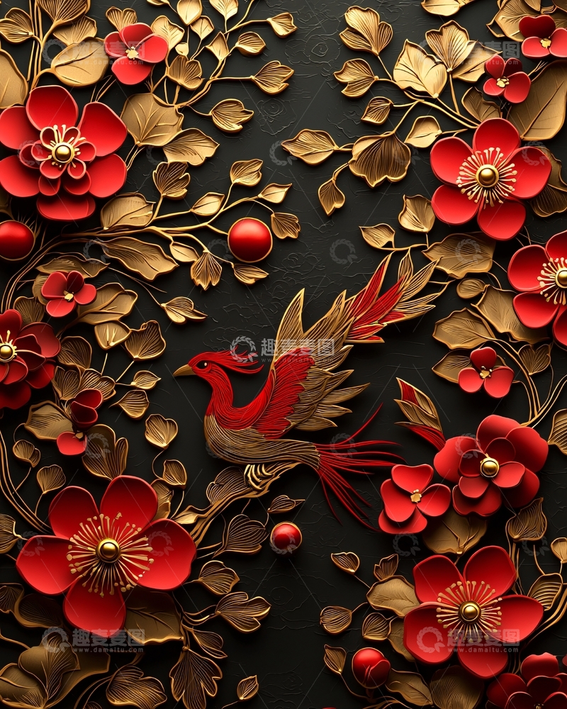 高清大图下载【趣麦麦图】红色花朵金色树叶凤凰