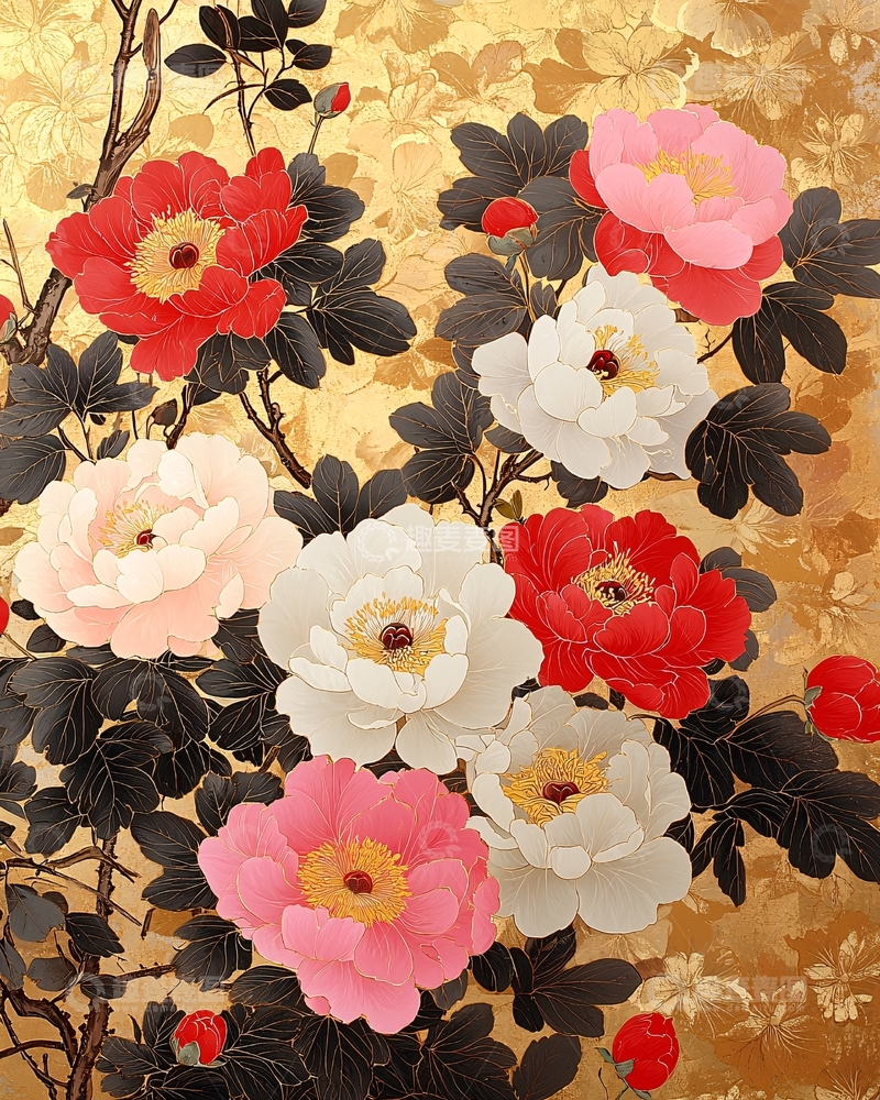 高清大图下载【趣麦麦图】金色背景牡丹花
