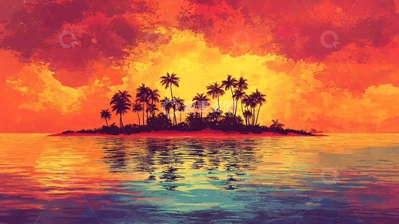 高清大图下载【趣麦麦图】热带小岛日落剪影