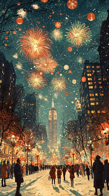 新年纽约雪夜烟火