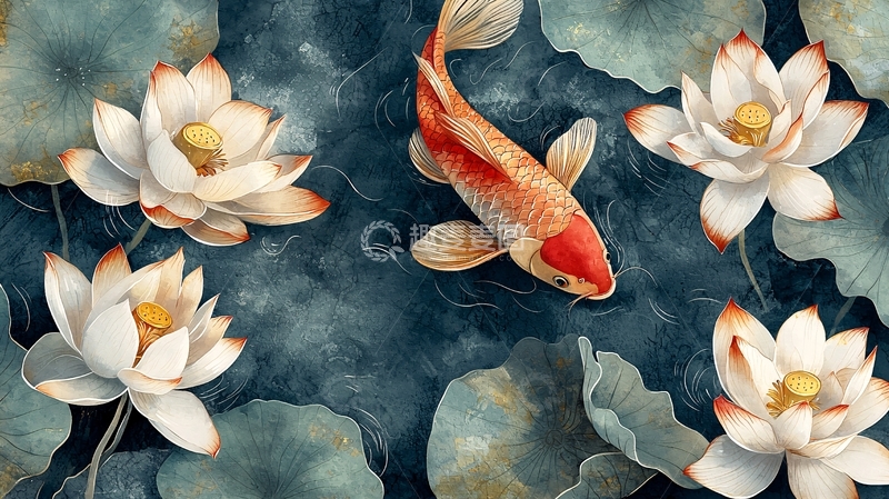 高清大图下载【趣麦麦图】锦鲤荷花水墨画