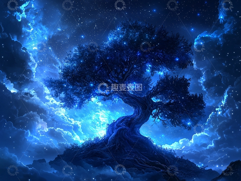 高清大图下载【趣麦麦图】蓝光夜空下的发光树木