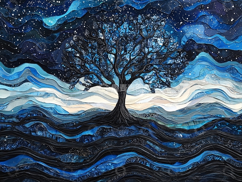 高清大图下载【趣麦麦图】星空下的蓝色树