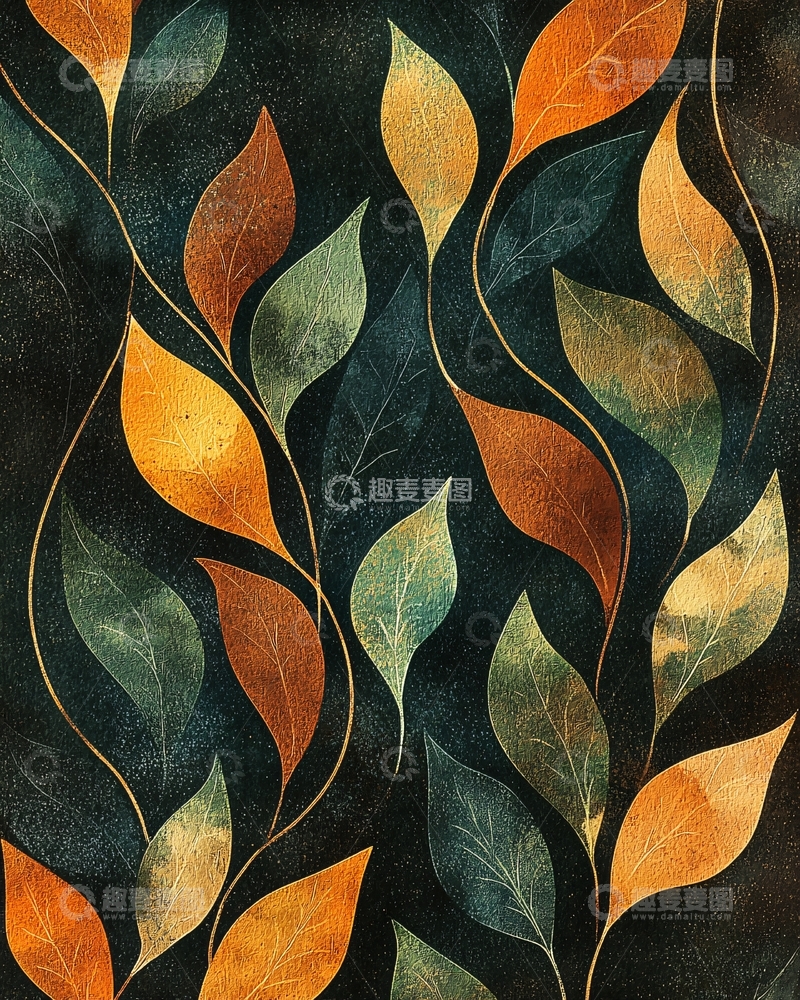高清大图下载【趣麦麦图】深色背景下金色和绿色的叶子