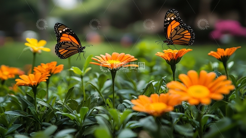 高清大图下载【趣麦麦图】蝴蝶和橙色雏菊花田