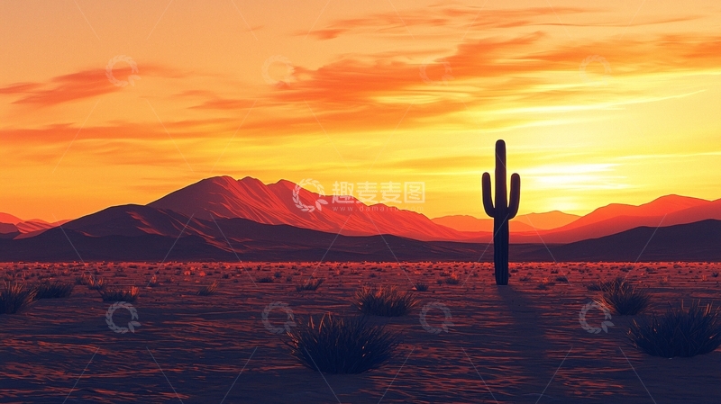 高清大图下载【趣麦麦图】沙漠日落仙人掌剪影