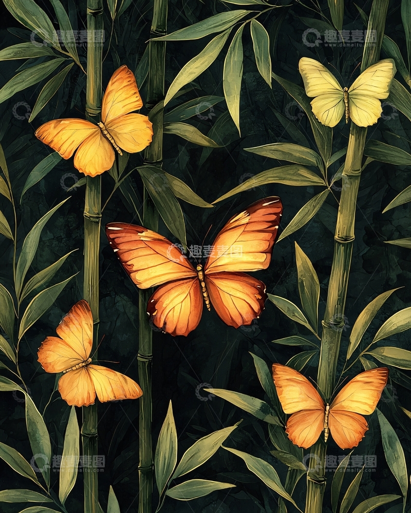 高清大图下载【趣麦麦图】水墨蝴蝶竹林