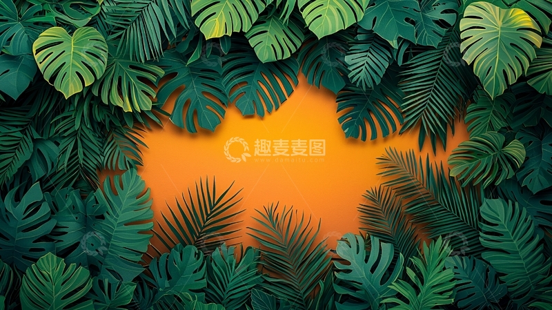 高清大图下载【趣麦麦图】热带植物叶子橙色背景