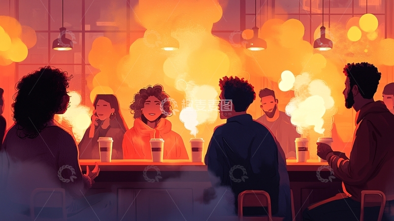 高清大图下载【趣麦麦图】温暖的咖啡店夜晚