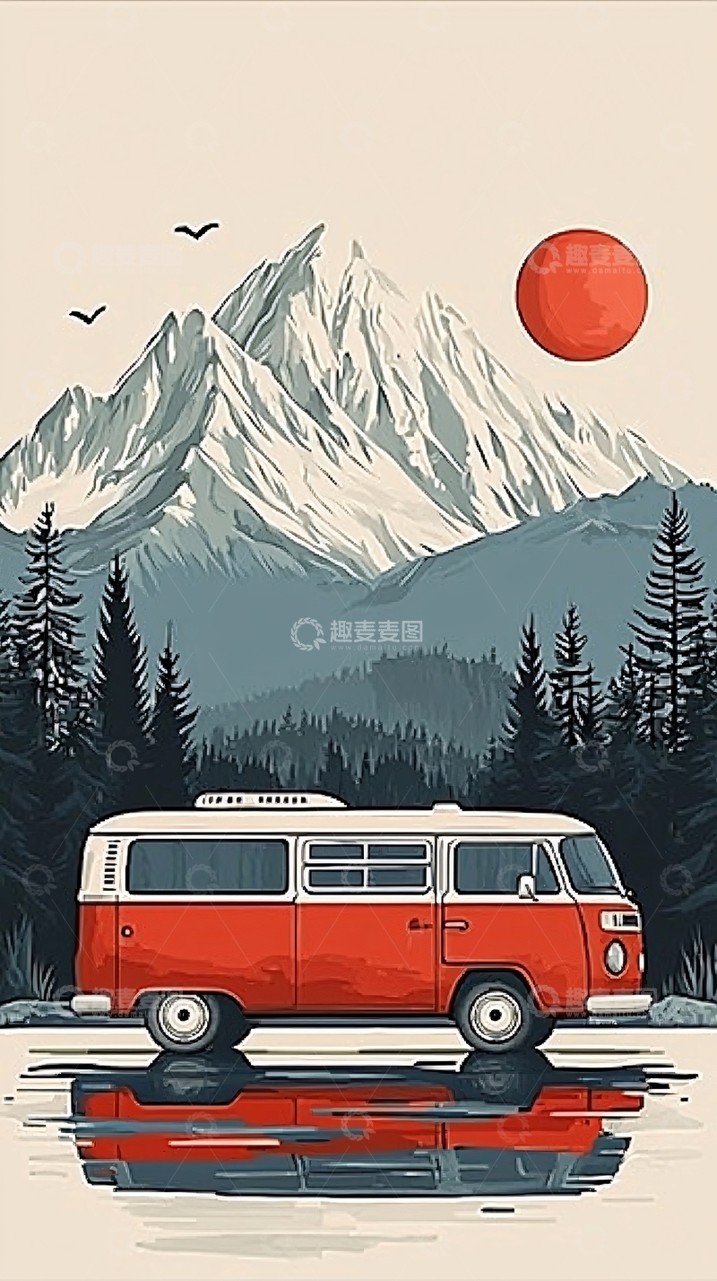 高清大图下载【趣麦麦图】红色复古面包车山脉日落风景