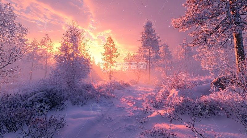 高清大图下载【趣麦麦图】冬日雪景森林日出