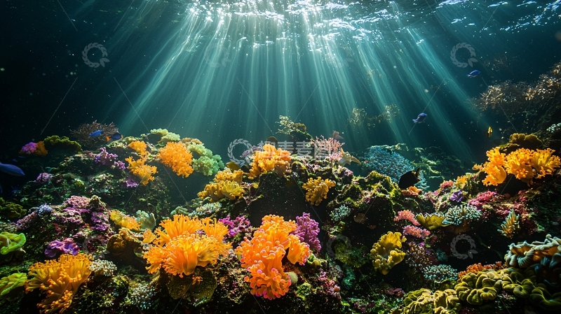 高清大图下载【趣麦麦图】阳光透过海水照射珊瑚礁
