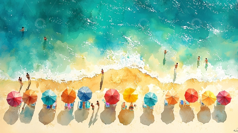 高清大图下载【趣麦麦图】水彩画海滩伞