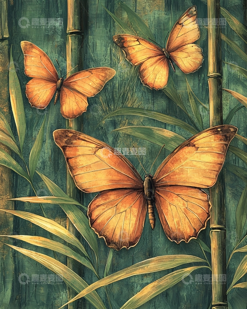 高清大图下载【趣麦麦图】三只橙色蝴蝶飞舞竹林