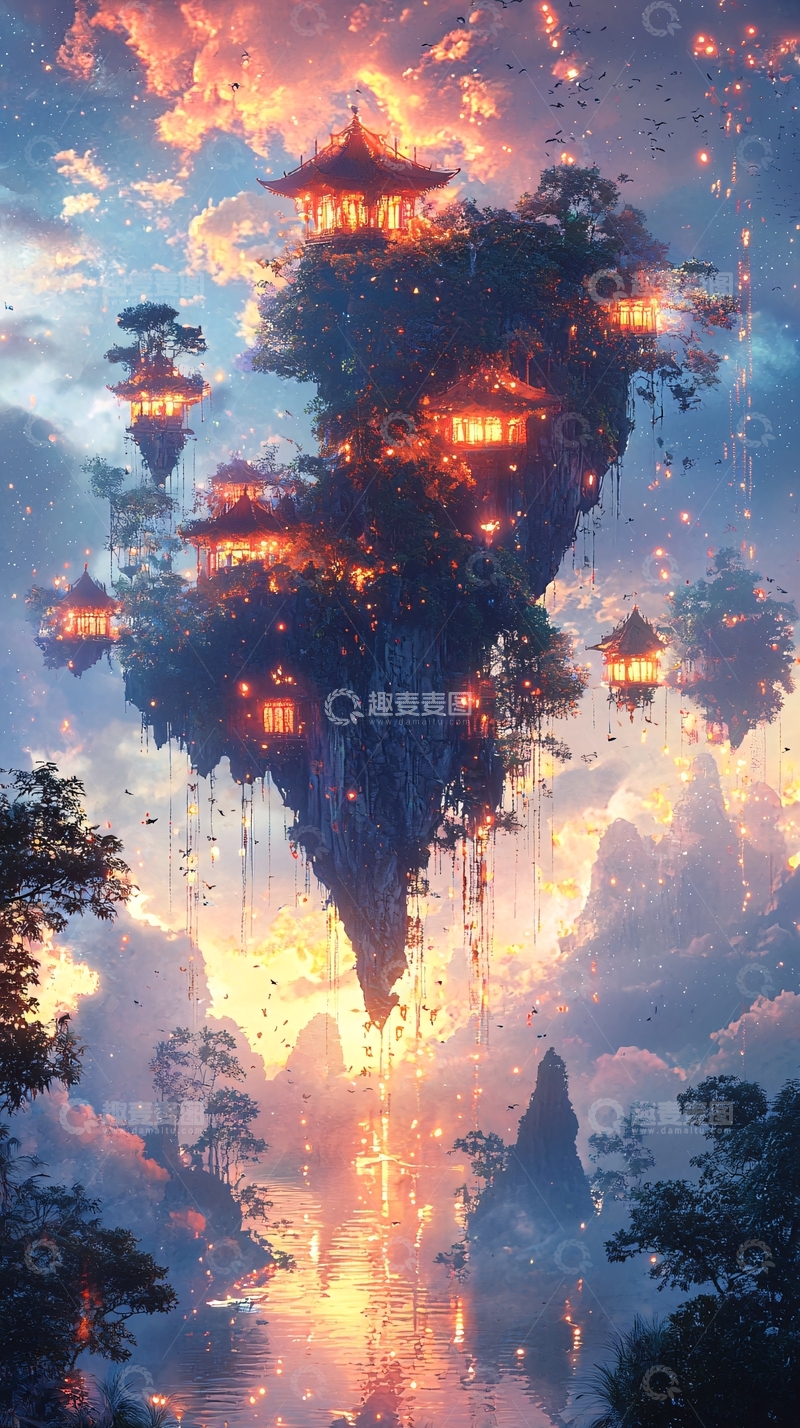 高清大图下载【趣麦麦图】悬浮岛屿上的东方建筑