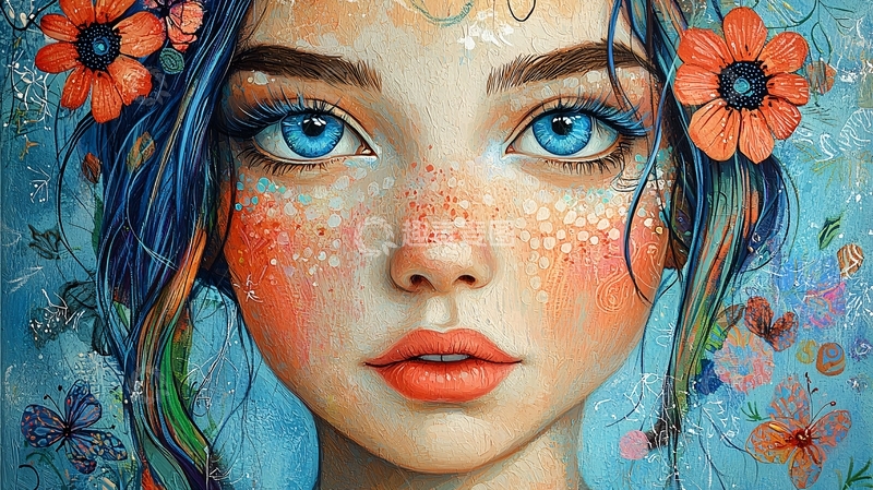 高清大图下载【趣麦麦图】蓝眼睛女孩花朵装饰