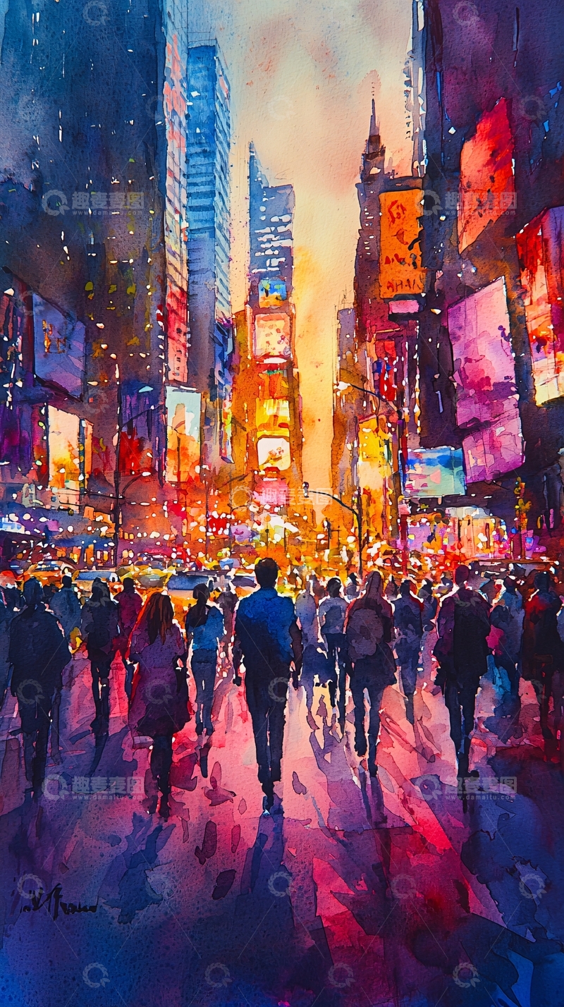 高清大图下载【趣麦麦图】纽约时代广场夜景水彩画