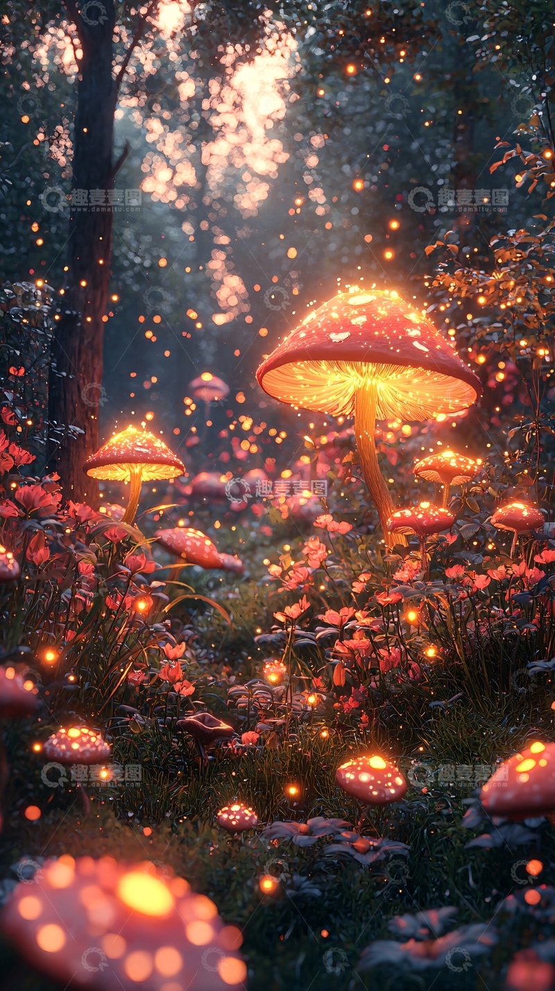 高清大图下载【趣麦麦图】发光蘑菇森林梦幻场景