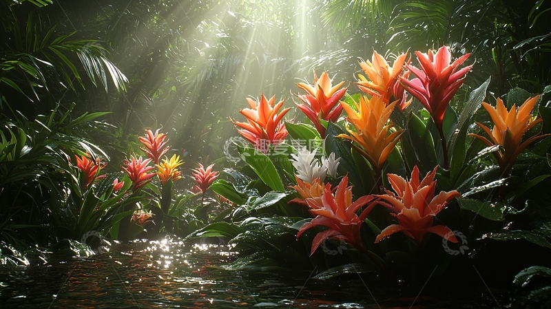 高清大图下载【趣麦麦图】森林溪流彩色花朵