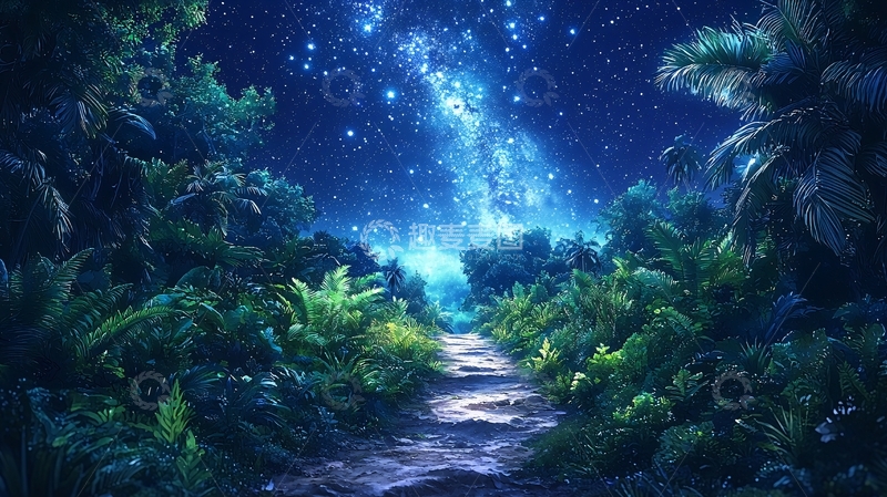 高清大图下载【趣麦麦图】森林夜景星空小路