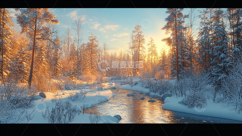 高清大图下载【趣麦麦图】冬日森林河流日出