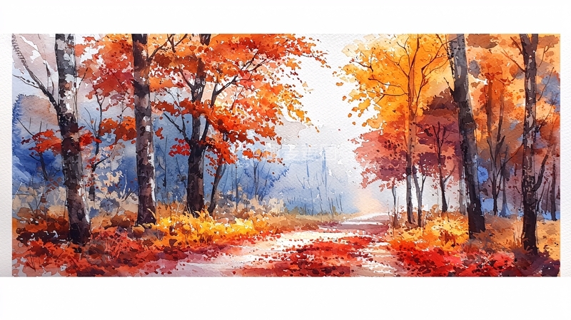 高清大图下载【趣麦麦图】秋日森林小路水彩画