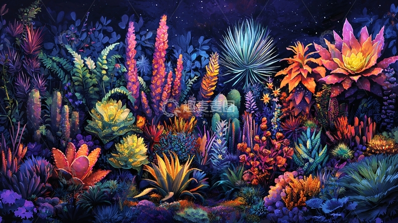 高清大图下载【趣麦麦图】夜空下奇幻的彩色植物