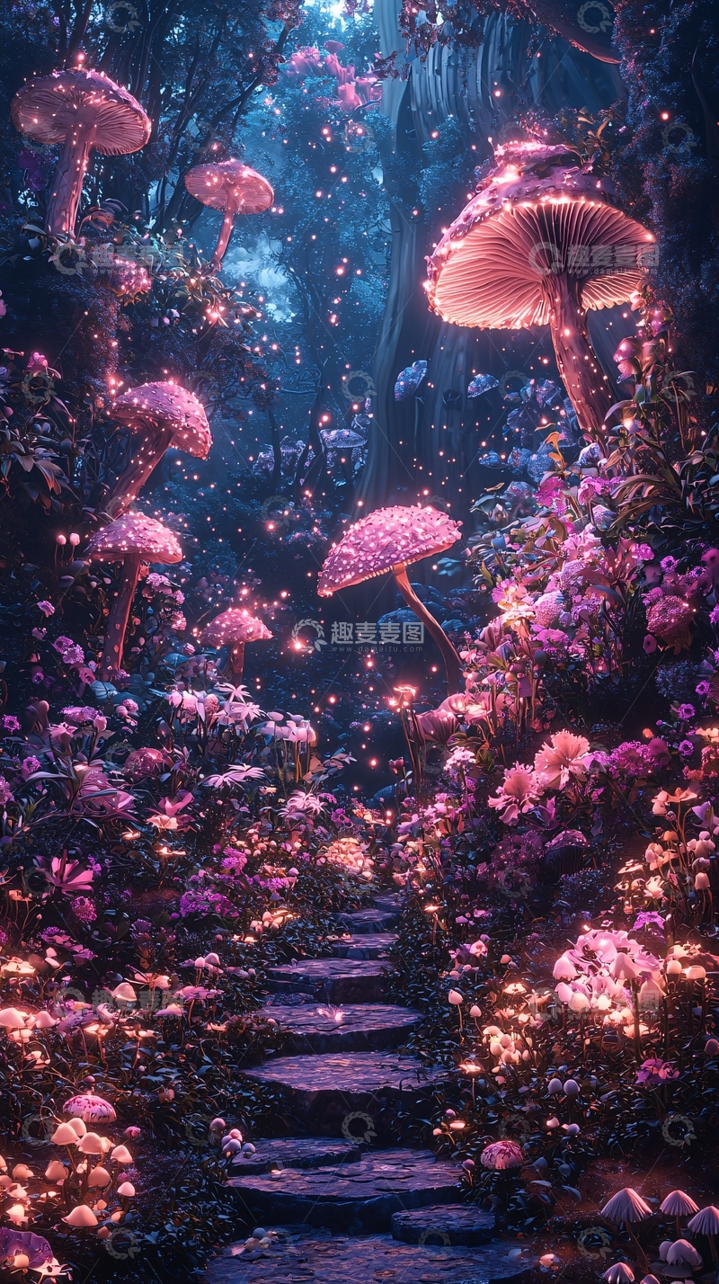 高清大图下载【趣麦麦图】梦幻森林发光蘑菇小路